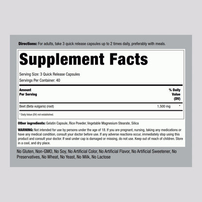Piping Rock Beet Root Capsules 1500 mg – 120 ct | Non-GMO, Gluten Free