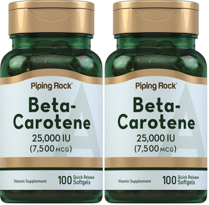 Piping Rock Beta Carotene Softgels 25,000 IU - Pack of 2 | Vitamin A, Non-GMO, Gluten Free