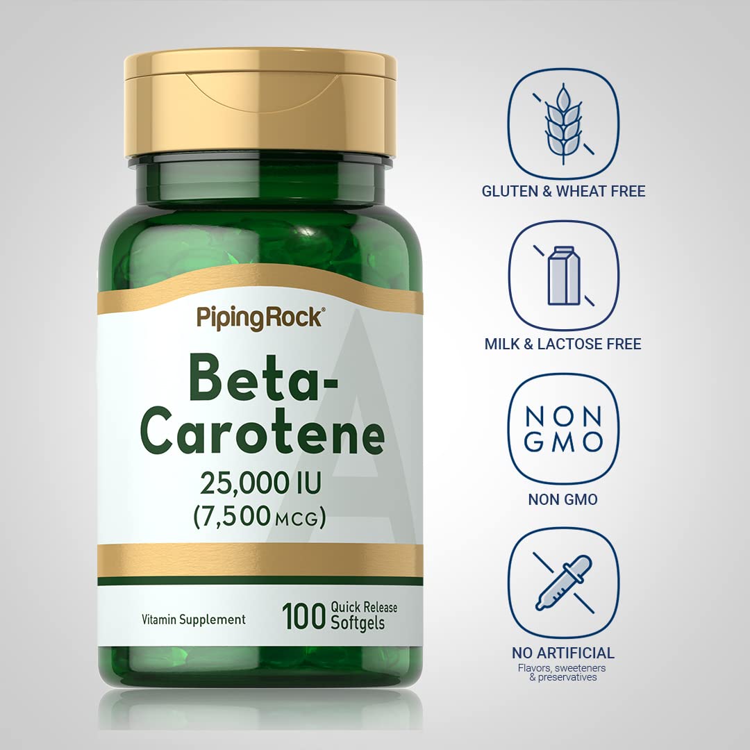 Piping Rock Beta Carotene Softgels 25,000 IU - Pack of 2 | Vitamin A, Non-GMO, Gluten Free