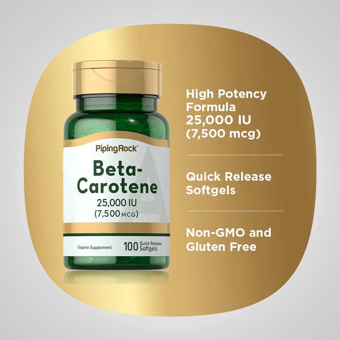 Piping Rock Beta Carotene Softgels 25,000 IU - Pack of 2 | Vitamin A, Non-GMO, Gluten Free