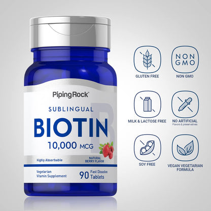 Piping Rock Biotin 10000mcg Fast Dissolve Berry Flavor (90 Count) Pack of 2 | Vegetarian, Non-GMO, Gluten Free