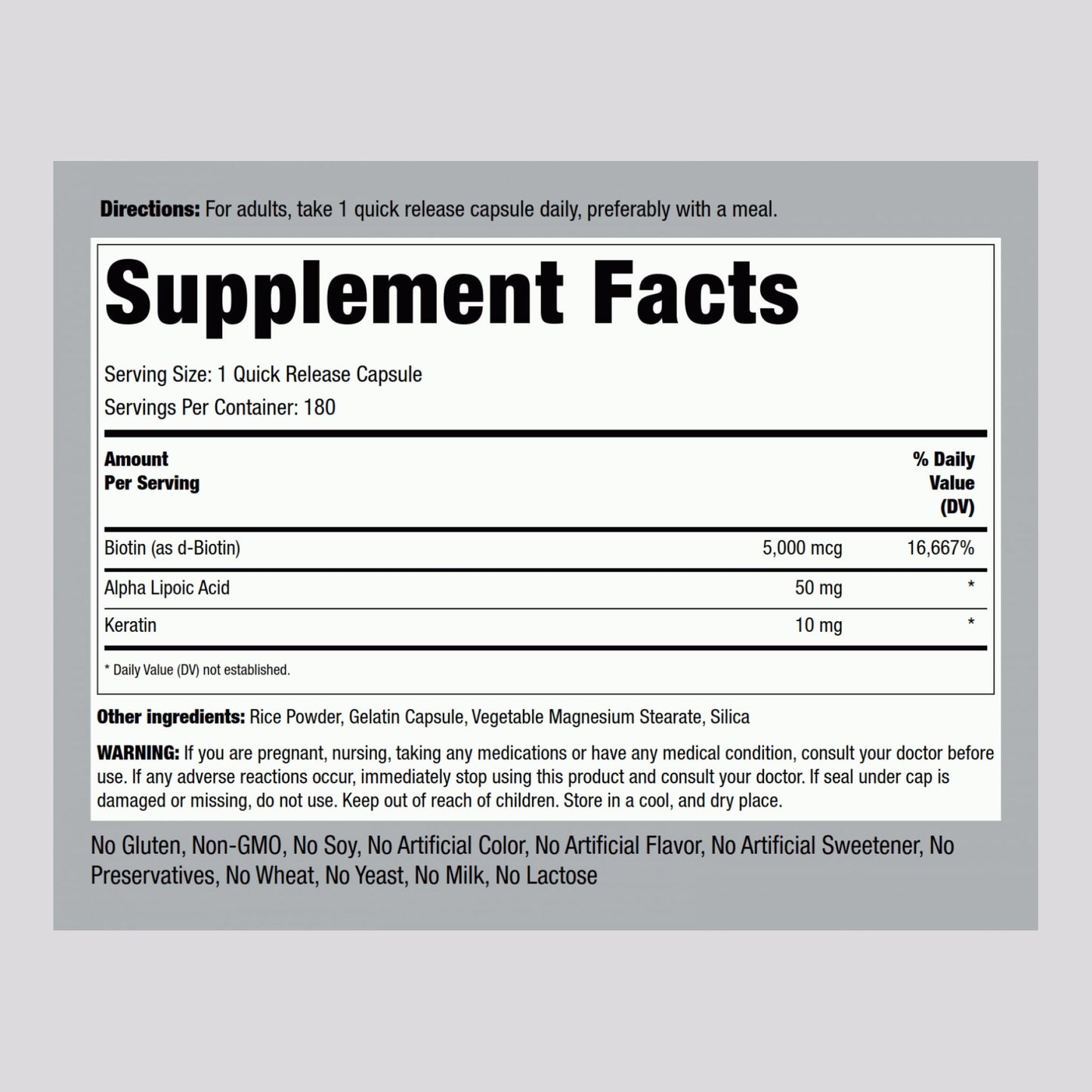 Piping Rock Biotin 5000mcg Supplement – 180 Capsules – Keratin & Alpha Lipoic Acid – Non-GMO, Gluten Free (Pack of 2)