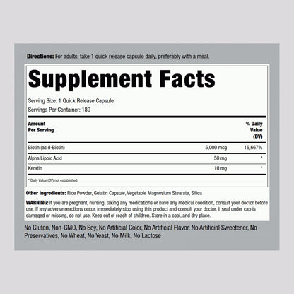 Piping Rock Biotin 5000mcg Supplement – 180 Capsules – Keratin & Alpha Lipoic Acid – Non-GMO, Gluten Free (Pack of 2)