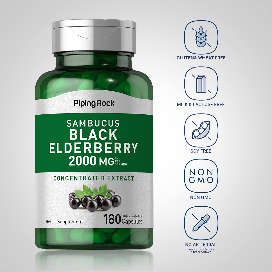 Piping Rock Black Elderberry 2000mg Capsules (180 Count) | Sambucus Nigra | Non-GMO & Gluten Free