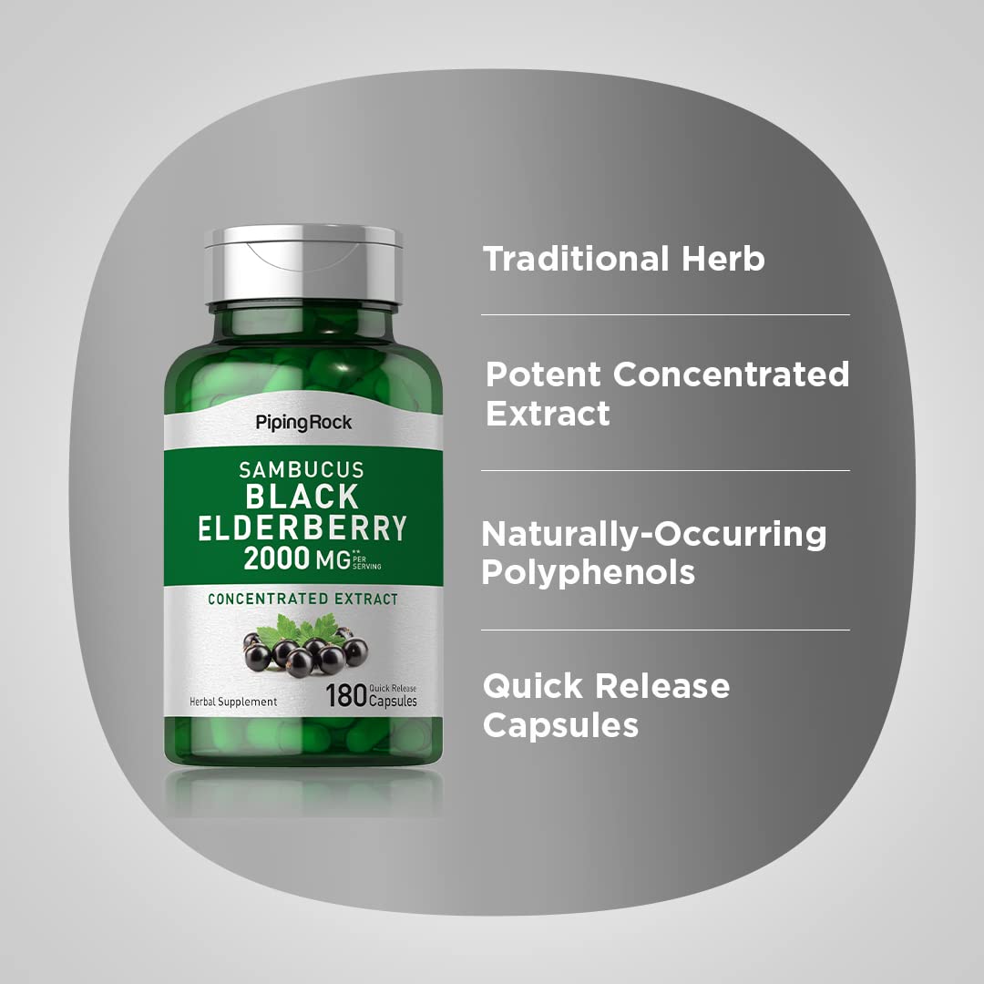 Piping Rock Black Elderberry 2000mg Capsules (180 Count) | Sambucus Nigra | Non-GMO & Gluten Free