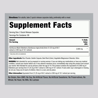 Piping Rock Black Elderberry 2000mg Capsules (180 Count) | Sambucus Nigra | Non-GMO & Gluten Free