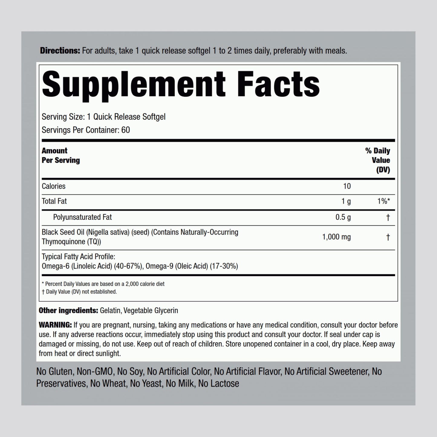 Piping Rock Black Seed Oil Softgel Capsules 1000mg | 60 Ct | Gluten Free & Non-GMO