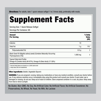 Piping Rock Black Seed Oil Softgel Capsules 1000mg | 60 Ct | Gluten Free & Non-GMO