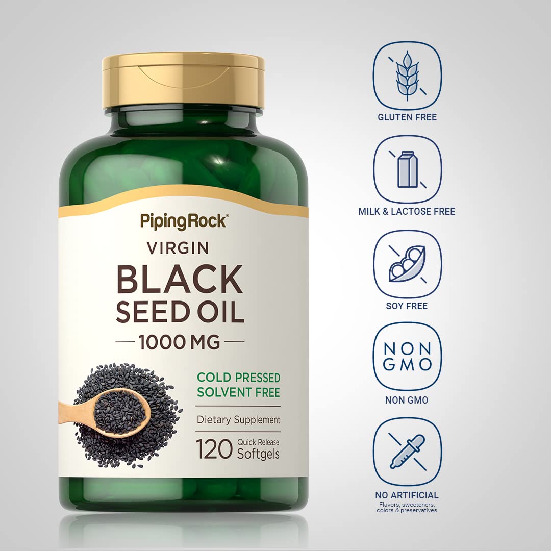 Piping Rock Black Seed Oil Softgel Capsules | 1000mg | 120 Pills | Cold Pressed Supplement | Nigella Sativa | Solvent Free, Non-GMO, Gluten Free