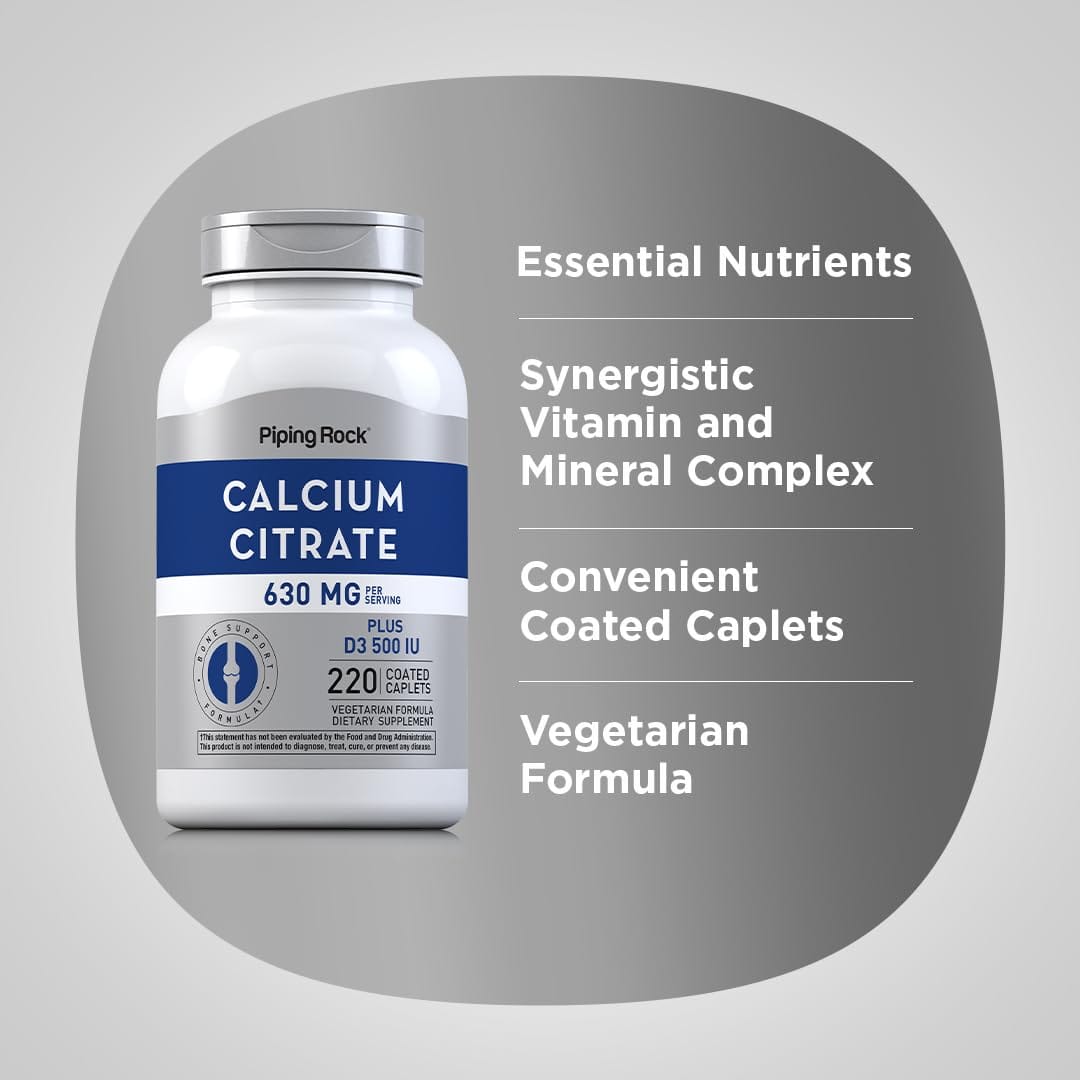 Piping Rock Calcium Citrate with Vitamin D3 - 630 mg, 220 Caplets (Pack of 2) | Vegetarian, Non-GMO, Gluten Free