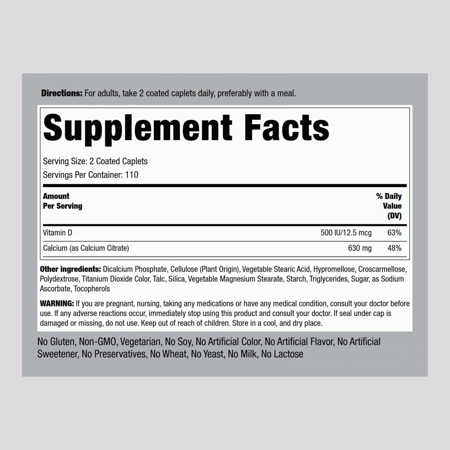 Piping Rock Calcium Citrate with Vitamin D3 - 630 mg, 220 Caplets (Pack of 2) | Vegetarian, Non-GMO, Gluten Free