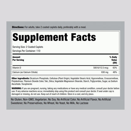 Piping Rock Calcium Citrate with Vitamin D3 - 630 mg, 220 Caplets (Pack of 2) | Vegetarian, Non-GMO, Gluten Free