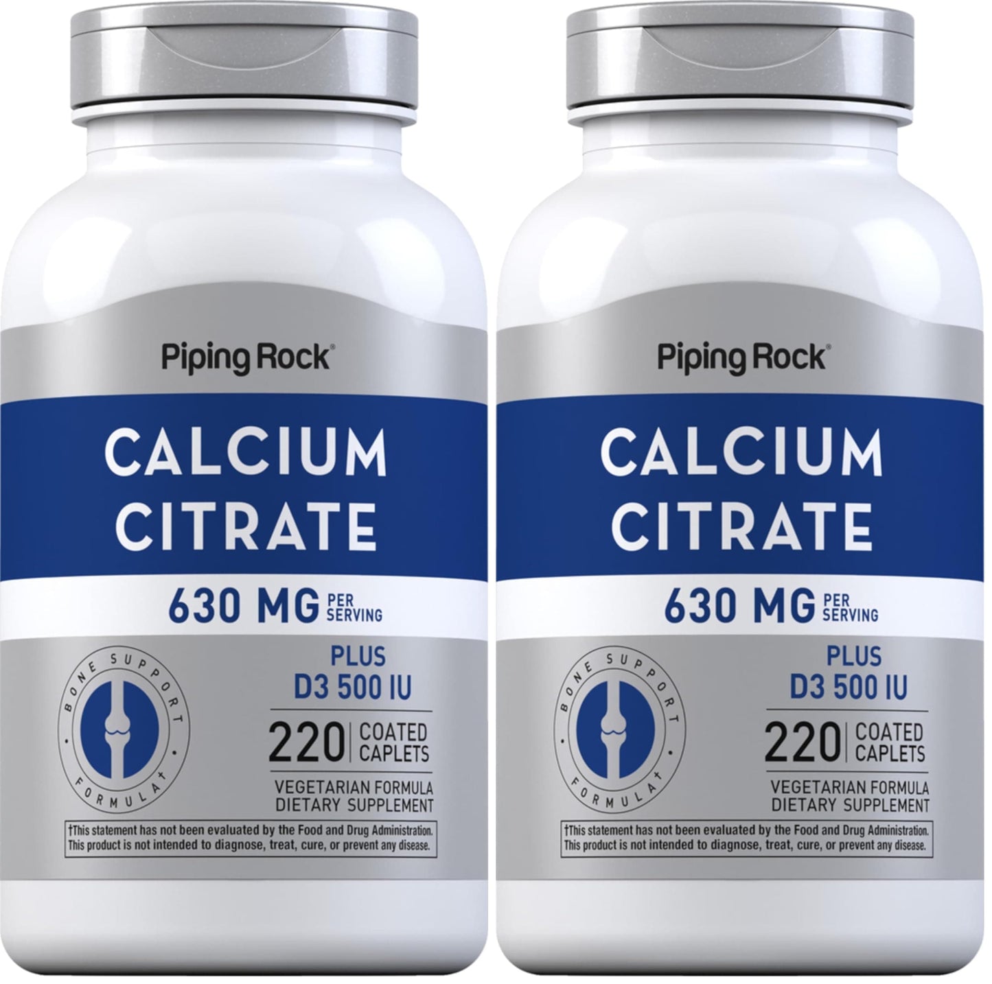 Piping Rock Calcium Citrate with Vitamin D3 - 630 mg, 220 Caplets (Pack of 2) | Vegetarian, Non-GMO, Gluten Free
