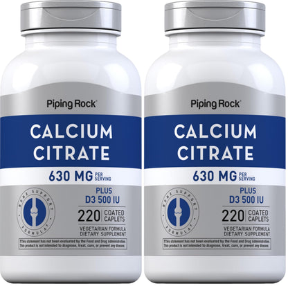 Piping Rock Calcium Citrate with Vitamin D3 - 630 mg, 220 Caplets (Pack of 2) | Vegetarian, Non-GMO, Gluten Free