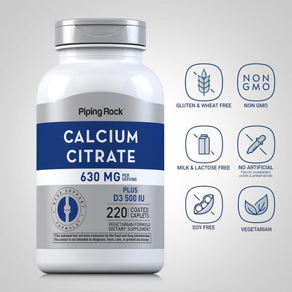 Piping Rock Calcium Citrate with Vitamin D3 - 630 mg, 220 Caplets (Pack of 2) | Vegetarian, Non-GMO, Gluten Free