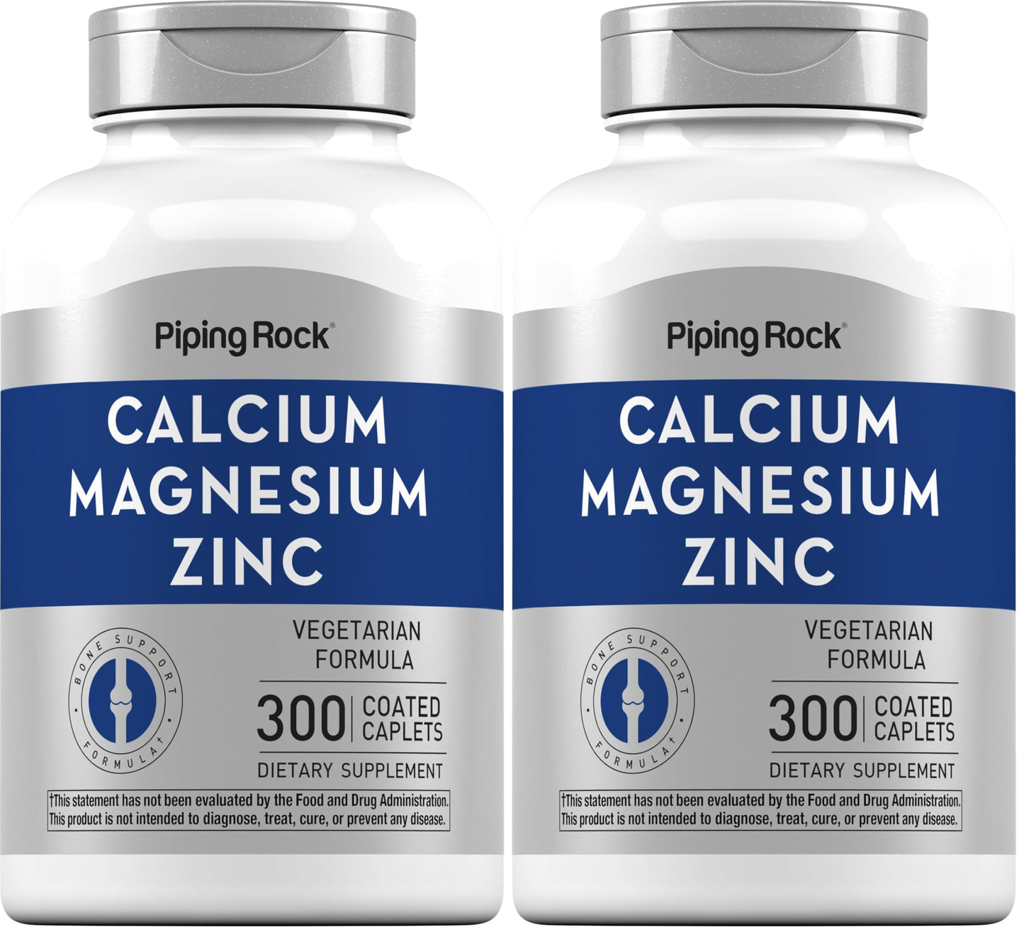 Piping Rock Calcium Magnesium Zinc Supplement – 300 Coated Caplets | Pack of 2 | Non-GMO, Gluten Free
