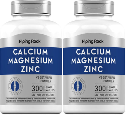 Piping Rock Calcium Magnesium Zinc Supplement – 300 Coated Caplets | Pack of 2 | Non-GMO, Gluten Free