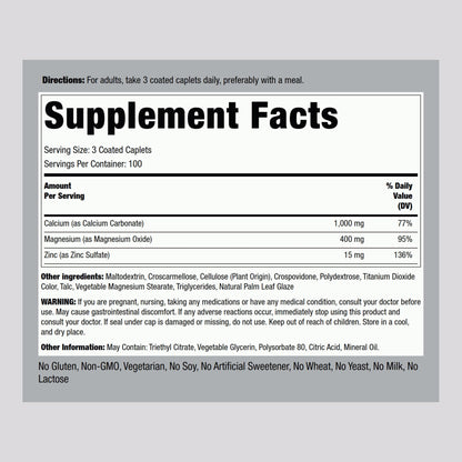 Piping Rock Calcium Magnesium Zinc Supplement – 300 Coated Caplets | Pack of 2 | Non-GMO, Gluten Free