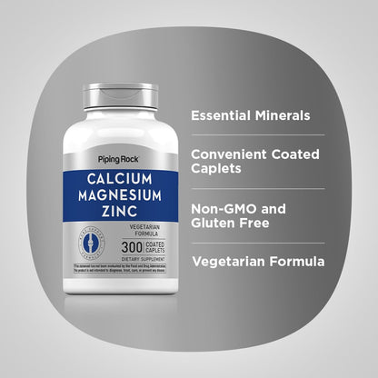 Piping Rock Calcium Magnesium Zinc Supplement – 300 Coated Caplets | Pack of 2 | Non-GMO, Gluten Free