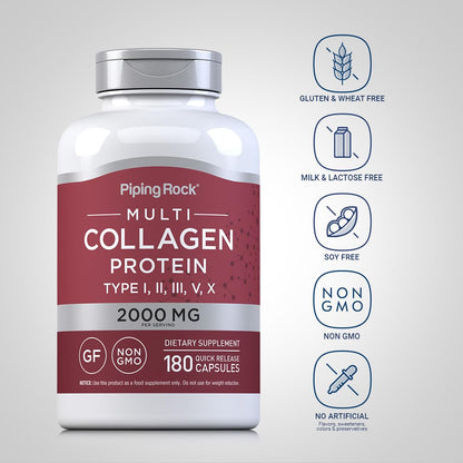 Piping Rock Multi Collagen Protein Capsules | 180 Count | 2000mg | Types I, II, III, V, X | Pack of 2