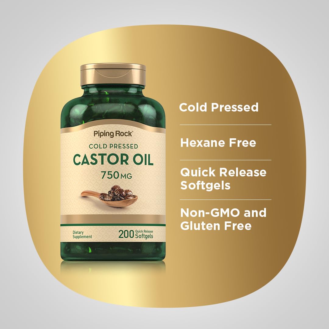 Piping Rock Castor Oil Softgel Capsules 750mg | 200 Count | Cold Pressed | Non-GMO, Gluten Free Supplement