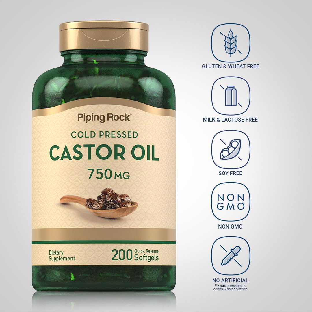 Piping Rock Castor Oil Softgel Capsules 750mg | 200 Count | Cold Pressed | Non-GMO, Gluten Free Supplement