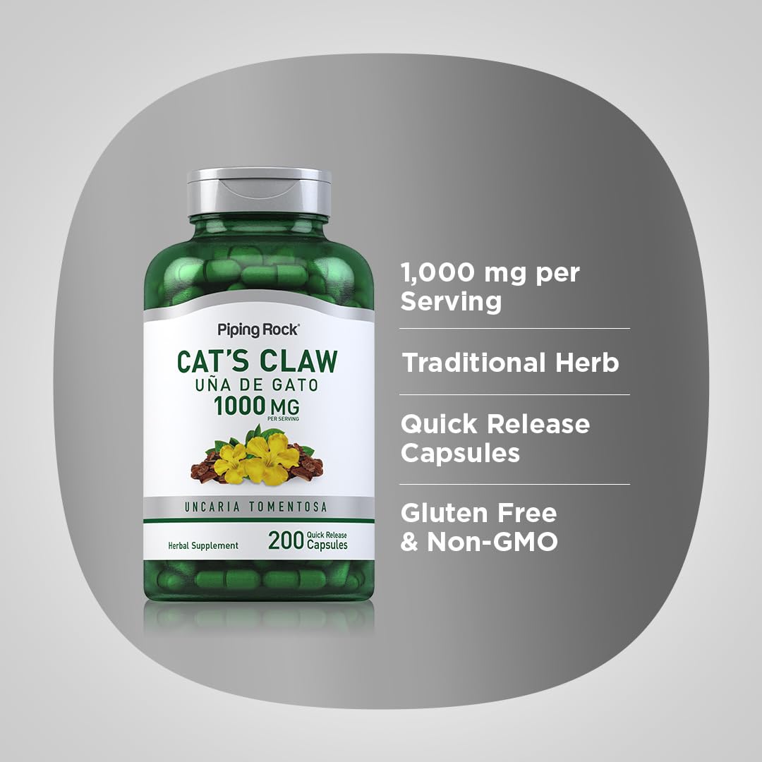 Cat's Claw 1000mg Herbal Supplement | 200 Capsules | Pack of 2 | Piping Rock