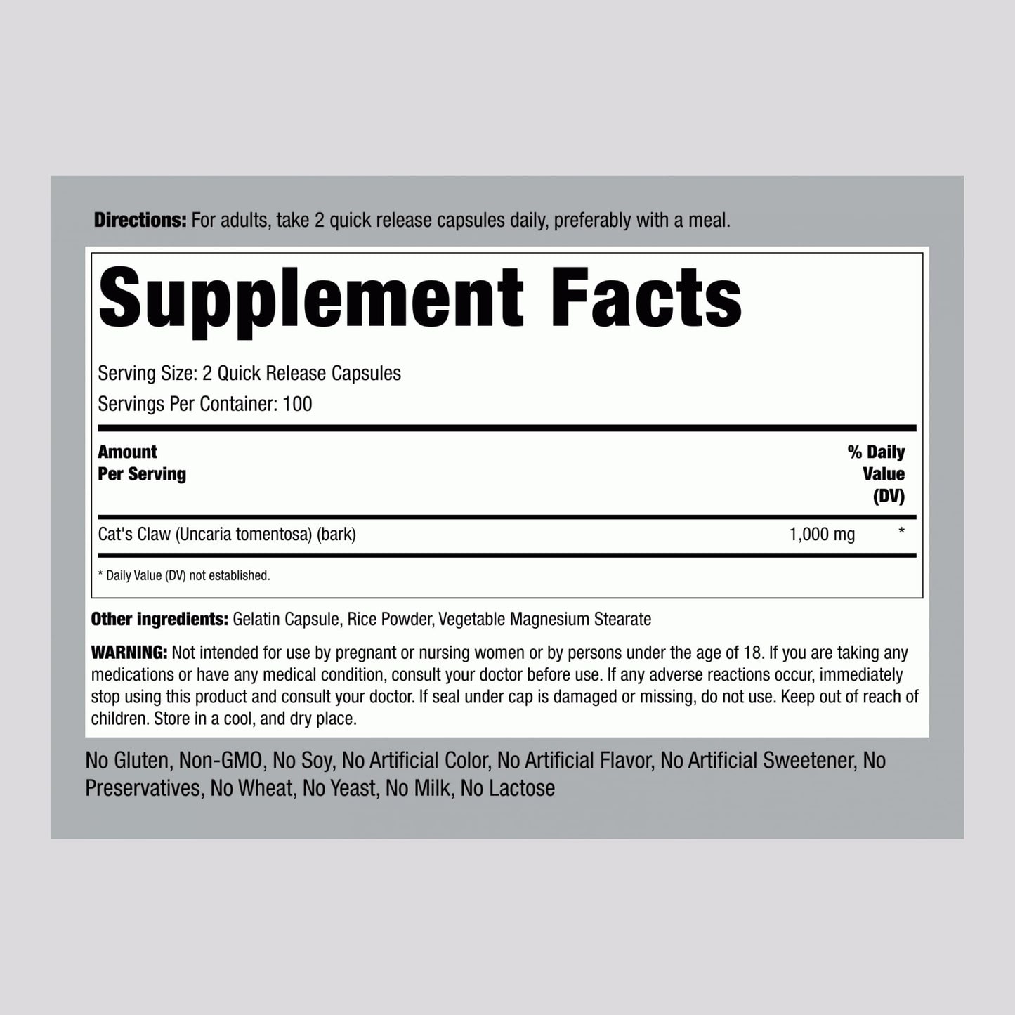 Cat's Claw 1000mg Herbal Supplement | 200 Capsules | Pack of 2 | Piping Rock