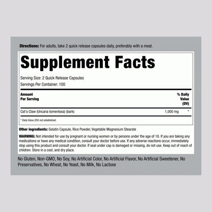 Cat's Claw 1000mg Herbal Supplement | 200 Capsules | Pack of 2 | Piping Rock
