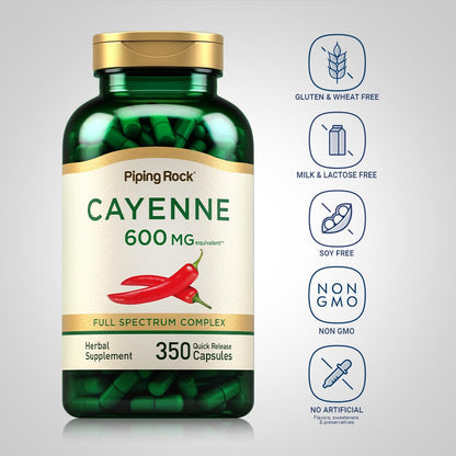 Piping Rock Cayenne Pepper Capsules 600mg | 350 Count | Non-GMO, Gluten Free