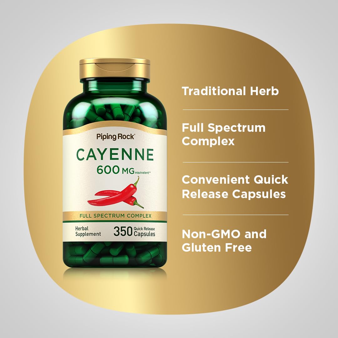 Piping Rock Cayenne Pepper Capsules 600mg | 350 Count | Non-GMO, Gluten Free