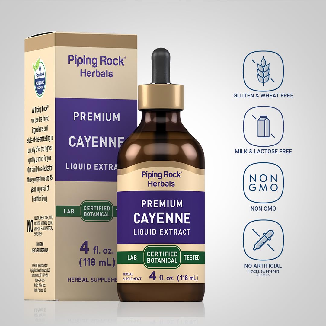 Piping Rock Cayenne Pepper Drops – 4 Oz Tincture | Alcohol Free, Non-GMO, Gluten Free