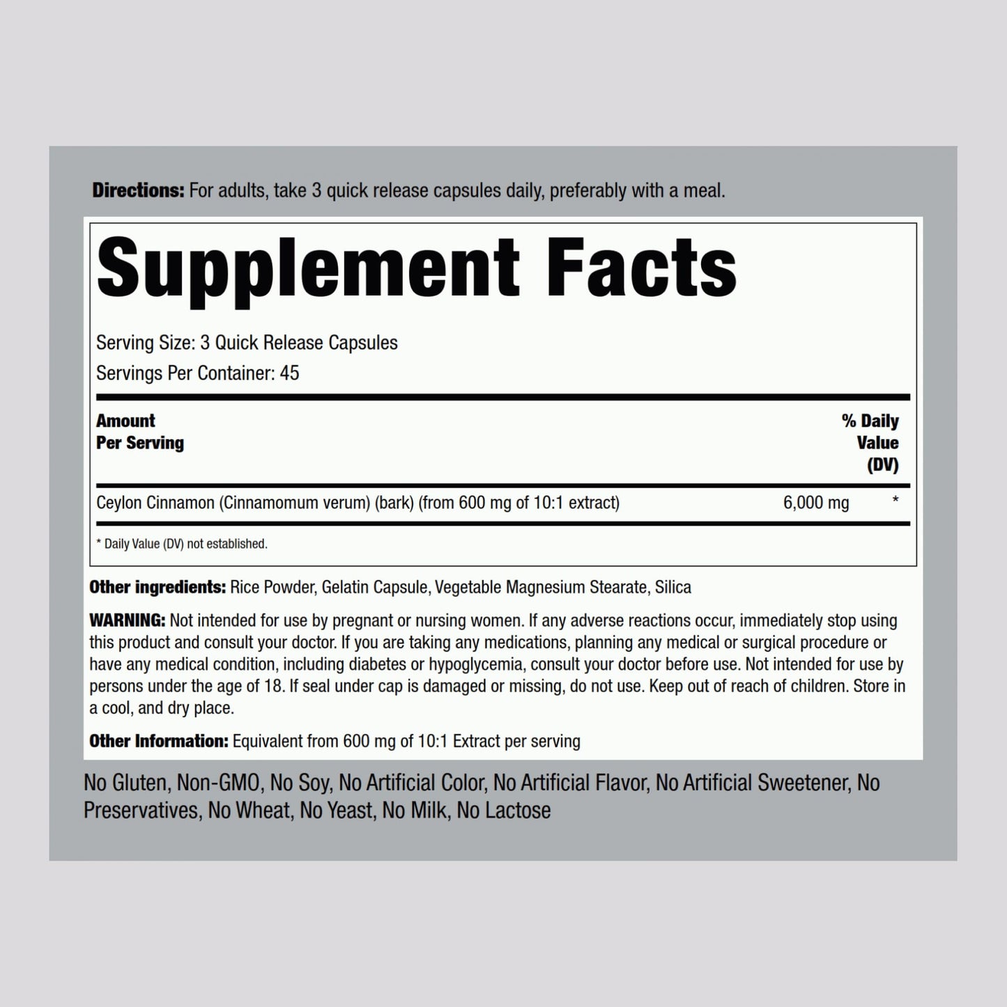 Piping Rock Ceylon Cinnamon 6000 mg - 135 Capsules | Concentrated Herbal Extract | Non-GMO, Gluten Free