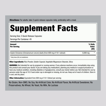 Piping Rock Ceylon Cinnamon 6000 mg - 135 Capsules | Concentrated Herbal Extract | Non-GMO, Gluten Free