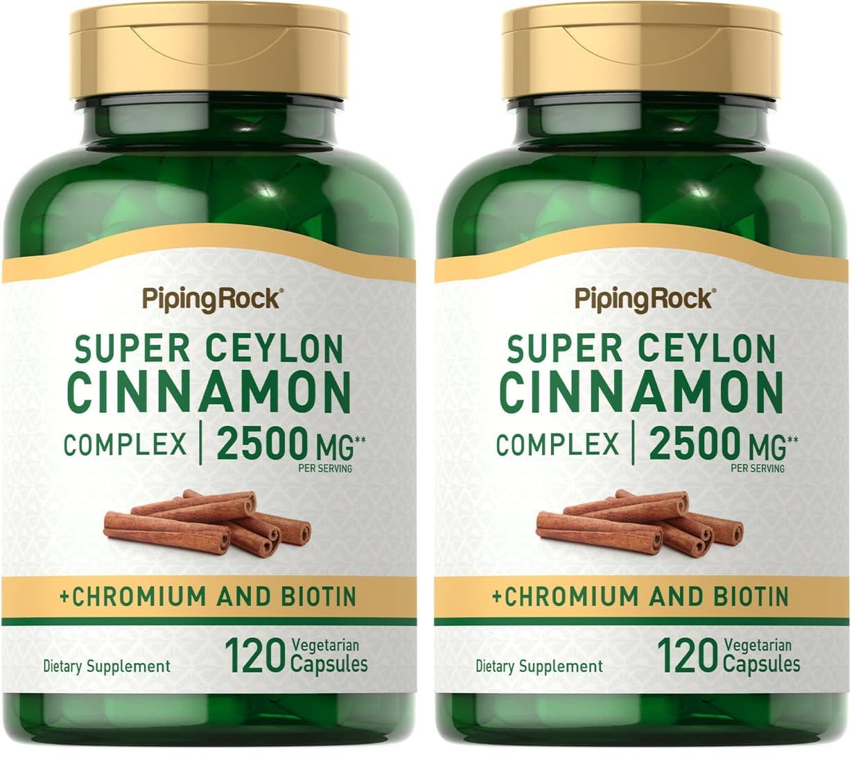 Piping Rock Ceylon Cinnamon Capsules 2500 mg – 120 Pills | Chromium & Biotin | Vegetarian, Non-GMO, Gluten Free (Pack of 2)