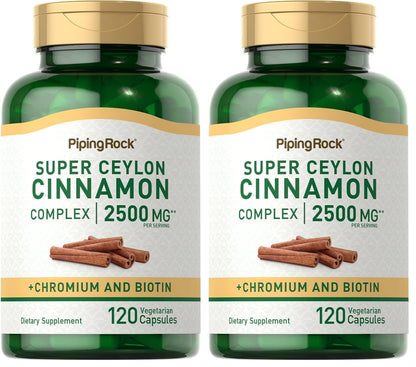 Piping Rock Ceylon Cinnamon Capsules 2500 mg – 120 Pills | Chromium & Biotin | Vegetarian, Non-GMO, Gluten Free (Pack of 2)