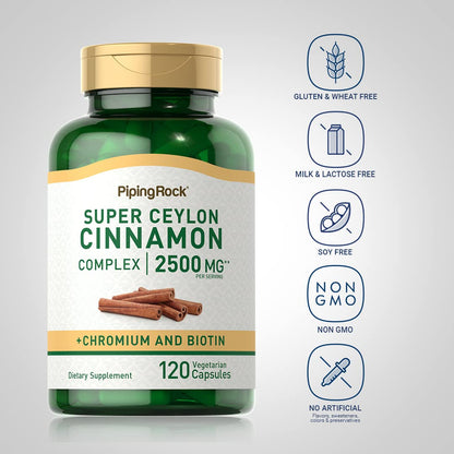 Piping Rock Ceylon Cinnamon Capsules 2500 mg – 120 Pills | Chromium & Biotin | Vegetarian, Non-GMO, Gluten Free (Pack of 2)