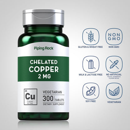 Piping Rock Chelated Copper 2 mg - 300 Tablets - Vegetarian, Non-GMO, Gluten Free (Pack of 2)