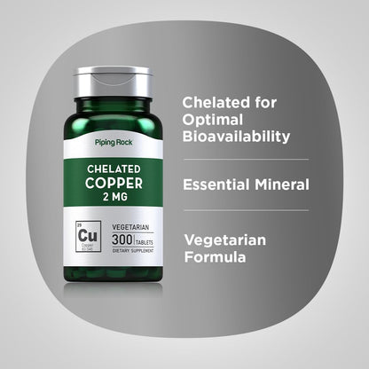 Piping Rock Chelated Copper 2 mg - 300 Tablets - Vegetarian, Non-GMO, Gluten Free (Pack of 2)