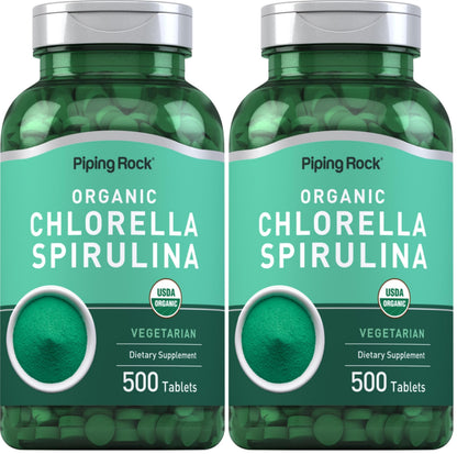 Piping Rock Chlorella Spirulina Organic – 500 Tablets (Pack of 2) | Vegetarian, Non-GMO, Gluten Free