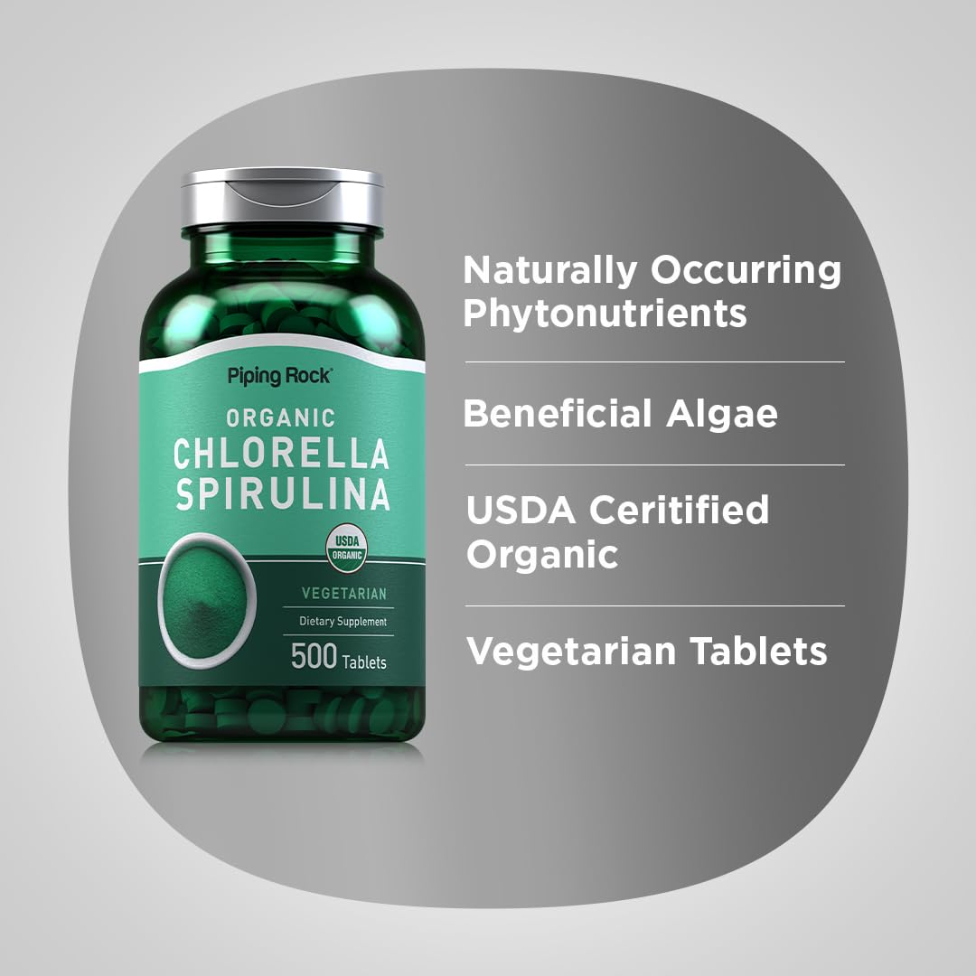 Piping Rock Chlorella Spirulina Organic – 500 Tablets (Pack of 2) | Vegetarian, Non-GMO, Gluten Free