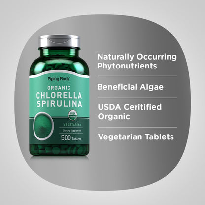 Piping Rock Chlorella Spirulina Organic – 500 Tablets (Pack of 2) | Vegetarian, Non-GMO, Gluten Free