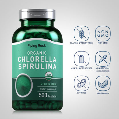 Piping Rock Chlorella Spirulina Organic – 500 Tablets (Pack of 2) | Vegetarian, Non-GMO, Gluten Free