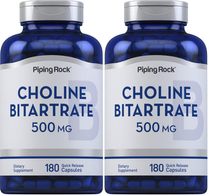 Piping Rock Choline Bitartrate 500mg – 180 Caps – Pack of 2 – Non-GMO, Gluten Free