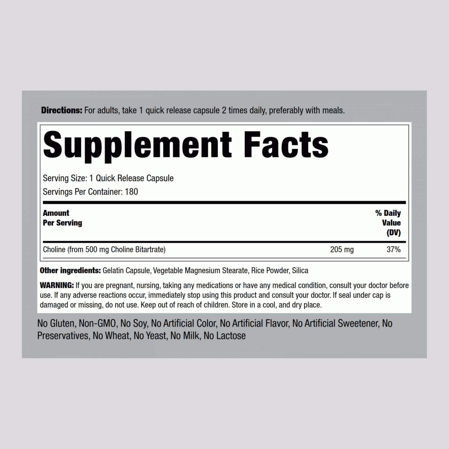 Piping Rock Choline Bitartrate 500mg – 180 Caps – Pack of 2 – Non-GMO, Gluten Free