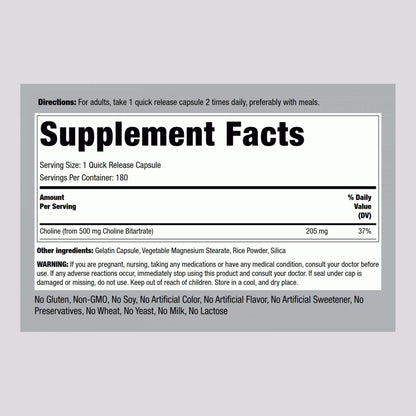 Piping Rock Choline Bitartrate 500mg – 180 Caps – Pack of 2 – Non-GMO, Gluten Free