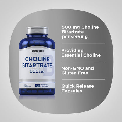 Piping Rock Choline Bitartrate 500mg – 180 Caps – Pack of 2 – Non-GMO, Gluten Free