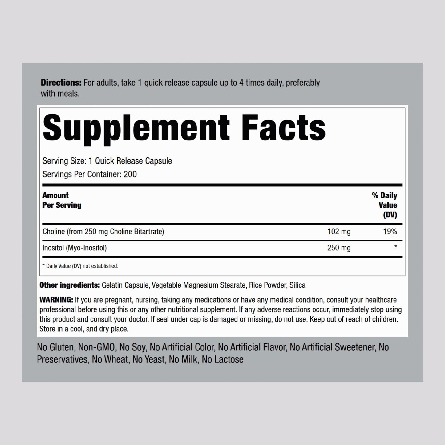 Piping Rock Choline Bitartrate & Myo-Inositol – 500mg, 200 Capsules | Non-GMO, Gluten Free