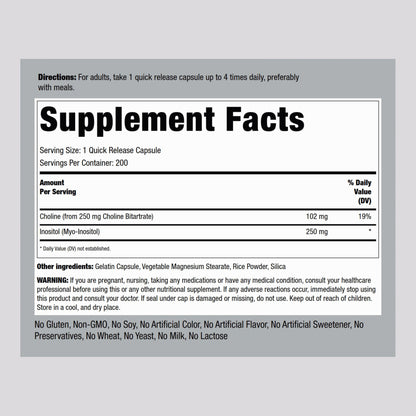 Piping Rock Choline Bitartrate & Myo-Inositol – 500mg, 200 Capsules | Non-GMO, Gluten Free