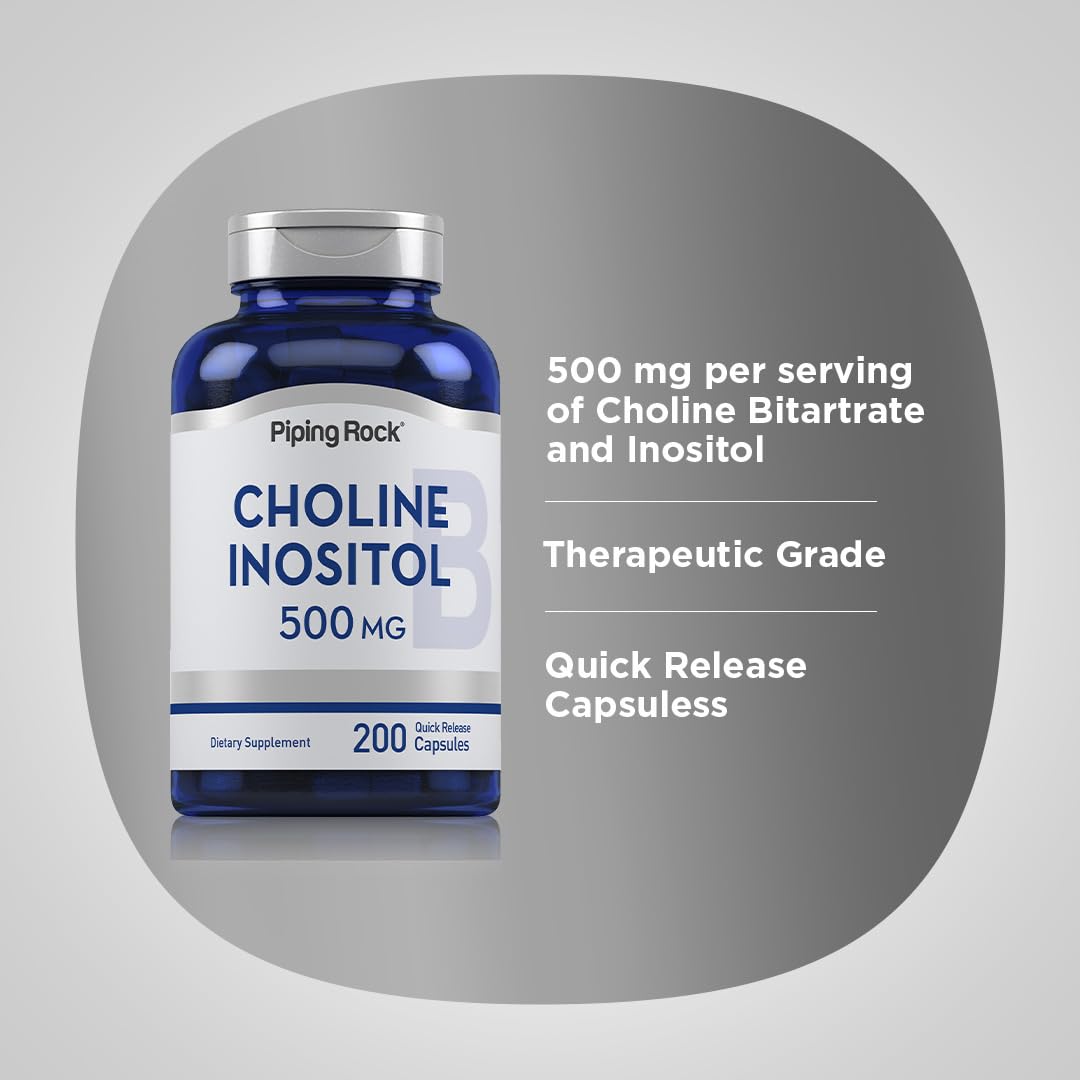 Piping Rock Choline Bitartrate & Myo-Inositol – 500mg, 200 Capsules | Non-GMO, Gluten Free